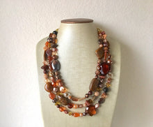 Load image into Gallery viewer, Chocolate Dream, Shades of Brown statement necklace, chunky brown bib necklace, beaded triple strand jewelry, brown bridesmaid wedding jewel
