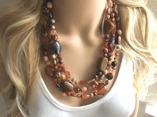 Load image into Gallery viewer, Chocolate Dream, Shades of Brown statement necklace, chunky brown bib necklace, beaded triple strand jewelry, brown bridesmaid wedding jewel