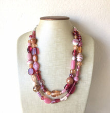 Load image into Gallery viewer, Glass Lampwork handmade beaded Chunky Statement Necklace, double strand jewelry, blush pink magenta gold geometric glass jewelry