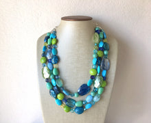 Load image into Gallery viewer, Blue & Green Necklace, Sky and Sea-line Statement Necklace, multi strand beaded jewelry, lime turquoise royal blue necklace