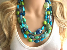 Load image into Gallery viewer, Blue & Green Necklace, Sky and Sea-line Statement Necklace, multi strand beaded jewelry, lime turquoise royal blue necklace