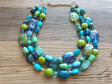 Load image into Gallery viewer, Blue & Green Necklace, Sky and Sea-line Statement Necklace, multi strand beaded jewelry, lime turquoise royal blue necklace