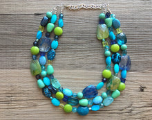 Load image into Gallery viewer, Blue & Green Necklace, Sky and Sea-line Statement Necklace, multi strand beaded jewelry, lime turquoise royal blue necklace
