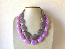 Load image into Gallery viewer, Purple & Gray Necklace, multi strand jewelry, big beaded chunky statement necklace, purple necklace, bridesmaid necklace, gray necklace
