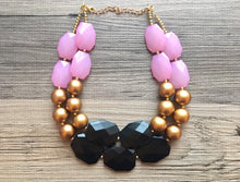 Load image into Gallery viewer, Pink Black & Gold Statement Necklace, Double Strand Beaded Jewelry, black and gold jewelry, bridsmaid wedding necklace, blush pink necklace