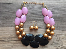 Load image into Gallery viewer, Pink Black & Gold Statement Necklace, Double Strand Beaded Jewelry, black and gold jewelry, bridsmaid wedding necklace, blush pink necklace