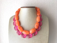 Load image into Gallery viewer, Dark Pink & Creamsicle Orange Necklace, multi strand jewelry, big beaded chunky statement necklace, pink necklace, bridesmaid necklace