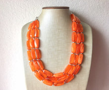 Load image into Gallery viewer, Bright Chunky Orange Statement Necklace, Big beaded jewelry, Triple Strand Statement Necklace, Bib necklace orange bridesmaid wedding silver