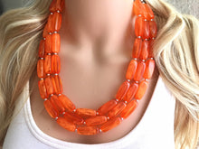 Load image into Gallery viewer, Bright Chunky Orange Statement Necklace, Big beaded jewelry, Triple Strand Statement Necklace, Bib necklace orange bridesmaid wedding silver