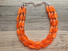 Load image into Gallery viewer, Bright Chunky Orange Statement Necklace, Big beaded jewelry, Triple Strand Statement Necklace, Bib necklace orange bridesmaid wedding silver