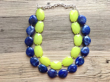 Load image into Gallery viewer, Lime Green & Blue Statement Necklace, Chunky Beaded Necklace, Periwinkle Jewelry, dark blue Necklace, blue green beaded necklace