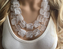 Load image into Gallery viewer, Double Layer White Cloudy chunky statement necklace, bib jewelry cloudy white necklace, white jewelry, white beaded necklace, white