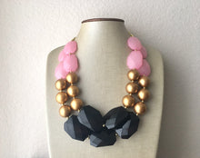 Load image into Gallery viewer, Pink Black & Gold Statement Necklace, Double Strand Beaded Jewelry, black and gold jewelry, bridsmaid wedding necklace, blush pink necklace