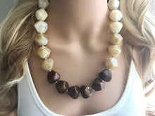Load image into Gallery viewer, Cream Tan & Chocolate Big Bead Necklace, Statement Jewelry, white black silver Chunky bib, bridesmaids necklace, wedding necklace, bridal