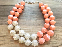 Load image into Gallery viewer, Coral & Silver Statement Necklace earring set, pink jewelry, peach bib chunky necklace, peach geometric necklace, coral earrings