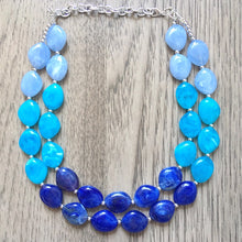 Load image into Gallery viewer, Blue Ombré Chunky Statement jewelry set, Big bib beaded jewelry, Double Strand Statement Necklace earrings, bridesmaid wedding, Magnolia