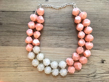 Load image into Gallery viewer, Coral & Silver Statement Necklace earring set, pink jewelry, peach bib chunky necklace, peach geometric necklace, coral earrings