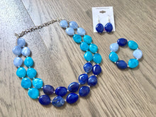 Load image into Gallery viewer, Blue Ombré Chunky Statement jewelry set, Big bib beaded jewelry, Double Strand Statement Necklace earrings, bridesmaid wedding, Magnolia