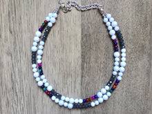 Load image into Gallery viewer, White & Gray Rainbow Tie Dye statement necklace, big bead chunky jewelry, white necklace, colorful necklace, white beaded jewelry