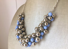 Load image into Gallery viewer, Mirror Silver & Periwinkle Blue Purple Beaded Cluster Statement Necklace, silver jewelry, mirrorball metallic jewelry, bridesmaid bib