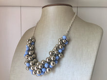 Load image into Gallery viewer, Mirror Silver & Periwinkle Blue Purple Beaded Cluster Statement Necklace, silver jewelry, mirrorball metallic jewelry, bridesmaid bib