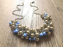 Load image into Gallery viewer, Mirror Silver & Periwinkle Blue Purple Beaded Cluster Statement Necklace, silver jewelry, mirrorball metallic jewelry, bridesmaid bib