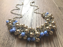 Load image into Gallery viewer, Mirror Silver & Periwinkle Blue Purple Beaded Cluster Statement Necklace, silver jewelry, mirrorball metallic jewelry, bridesmaid bib