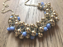 Load image into Gallery viewer, Mirror Silver & Periwinkle Blue Purple Beaded Cluster Statement Necklace, silver jewelry, mirrorball metallic jewelry, bridesmaid bib
