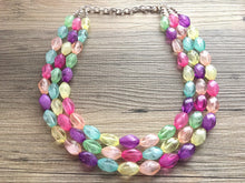 Load image into Gallery viewer, Triple Pastel Rainbow Beaded Necklace, Colorful Jewelry, Chunky statement necklace, rainbow jewelry, rainbow baby confetti mint pink