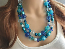 Load image into Gallery viewer, Blue Watercolor Beaded Necklace, teal & royal blue necklace, blue statement necklace, chubky blue beaded necklace, teal necklace turquoise