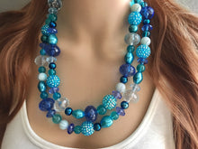 Load image into Gallery viewer, Blue Watercolor Beaded Necklace, teal & royal blue necklace, blue statement necklace, chubky blue beaded necklace, teal necklace turquoise