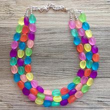 Load image into Gallery viewer, Triple Rainbow Beaded Necklace, Colorful Jewelry, Chunky statement necklace, jelly bean necklace, rainbow jewelry, rainbow baby confetti
