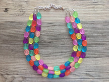Load image into Gallery viewer, Triple Rainbow Beaded Necklace, Colorful Jewelry, Chunky statement necklace, jelly bean necklace, rainbow jewelry, rainbow baby confetti