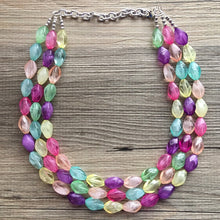 Load image into Gallery viewer, Triple Pastel Rainbow Beaded Necklace, Colorful Jewelry, Chunky statement necklace, rainbow jewelry, rainbow baby confetti mint pink