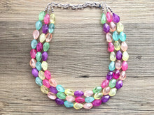 Load image into Gallery viewer, Triple Pastel Rainbow Beaded Necklace, Colorful Jewelry, Chunky statement necklace, rainbow jewelry, rainbow baby confetti mint pink