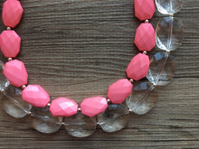 Load image into Gallery viewer, Coral & Clear statement necklace and earring set, color block jewelry, pink chunky bib silver necklace, beaded jewelry resin necklace