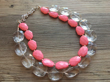 Load image into Gallery viewer, Coral & Clear statement necklace and earring set, color block jewelry, pink chunky bib silver necklace, beaded jewelry resin necklace