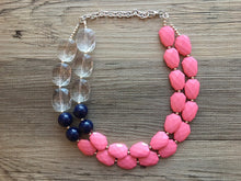 Load image into Gallery viewer, Clear & Coral Navy statement necklace and earring set, color block jewelry, blue pink chunky bib silver necklace, beaded jewelry