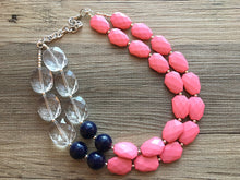 Load image into Gallery viewer, Clear & Coral Navy statement necklace and earring set, color block jewelry, blue pink chunky bib silver necklace, beaded jewelry