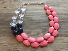 Load image into Gallery viewer, Clear & Coral Navy statement necklace and earring set, color block jewelry, blue pink chunky bib silver necklace, beaded jewelry