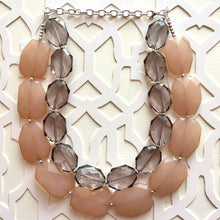 Load image into Gallery viewer, Gray & Caramel Champagne Necklace, multi strand jewelry, big beaded chunky statement necklace, bridesmaid necklace, gray necklace
