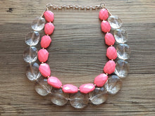 Load image into Gallery viewer, Coral & Clear statement necklace and earring set, color block jewelry, pink chunky bib silver necklace, beaded jewelry resin necklace
