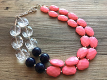 Load image into Gallery viewer, Clear & Coral Navy statement necklace and earring set, color block jewelry, blue pink chunky bib silver necklace, beaded jewelry