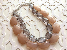 Load image into Gallery viewer, Gray & Caramel Champagne Necklace, multi strand jewelry, big beaded chunky statement necklace, bridesmaid necklace, gray necklace