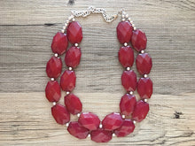 Load image into Gallery viewer, Maroon Necklace, Double strand deep red jewelry, big beaded chunky statement necklace and earring set, dark red necklace
