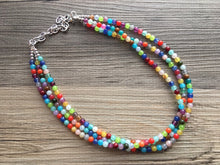 Load image into Gallery viewer, Triple Rainbow Beaded Necklace, Colorful Jewelry, Chunky statement necklace, beaded necklace, rainbow jewelry, rainbow baby confetti