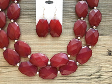 Load image into Gallery viewer, Maroon Necklace, Double strand deep red jewelry, big beaded chunky statement necklace and earring set, dark red necklace