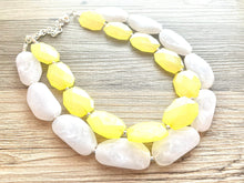 Load image into Gallery viewer, Lemon Yellow & White Necklace, multi strand jewelry, big beaded chunky statement necklace, pink necklace, bridesmaid necklace, bib necklace