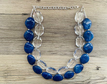 Load image into Gallery viewer, Dark Blue & Clear Resin Double Strand Statement Necklace, Chunky Royal Blue Oval Beaded Bib Jewelry, blue jewlery necklace earrings