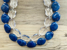Load image into Gallery viewer, Dark Blue & Clear Resin Double Strand Statement Necklace, Chunky Royal Blue Oval Beaded Bib Jewelry, blue jewlery necklace earrings